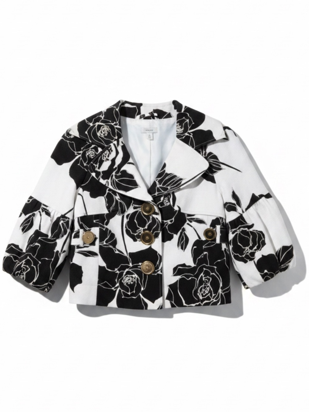 Cache Vintage Floral Cropped Jacket Balloon Sleeve Brown Cream Large EUC